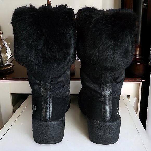 COACH ( 8 ) "FAITH"  Zip-Front Black Monogram Logo Rabbit Fur Boots - Picture 5 of 9
